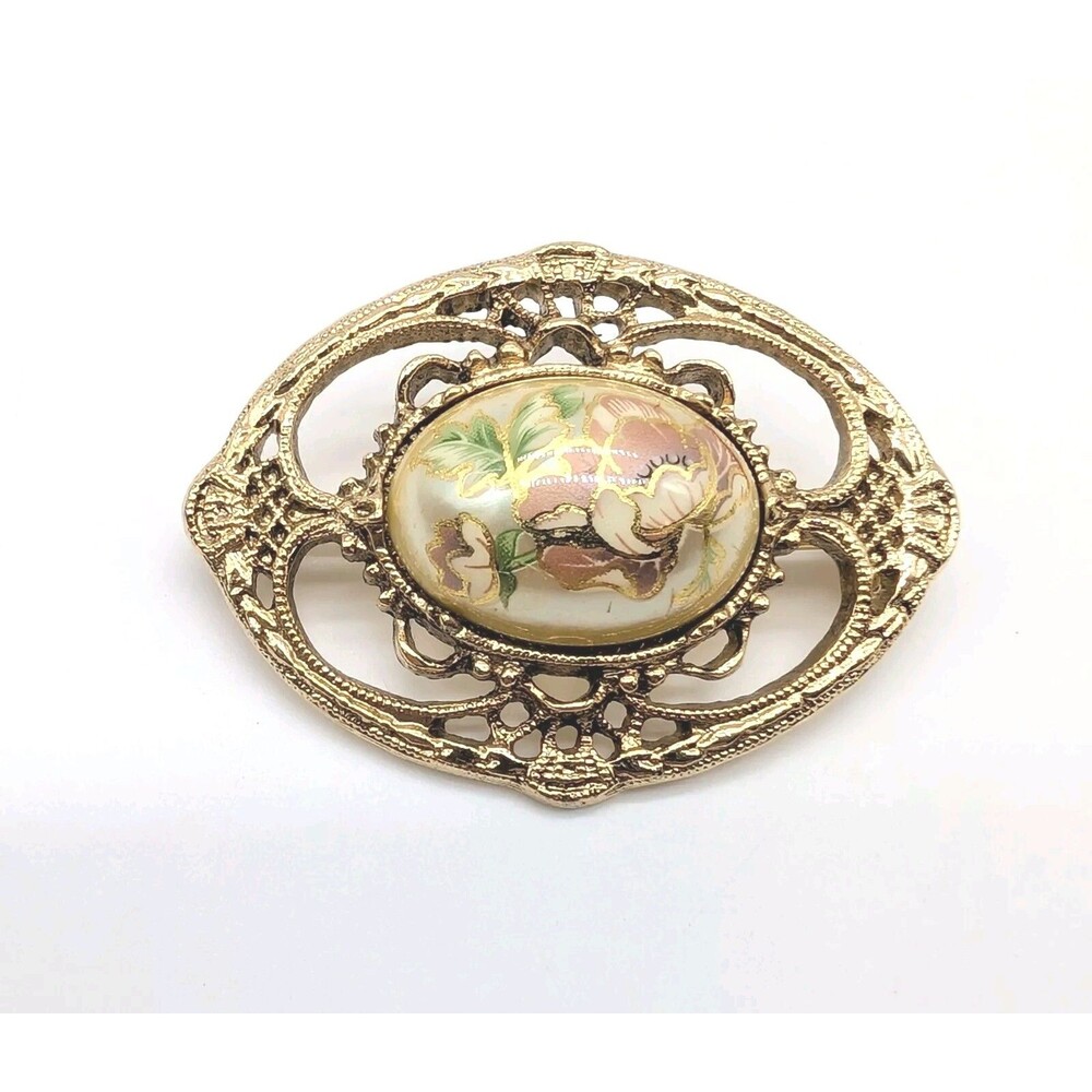 VTG Faux Pearl Gold Tone Brooch Pin Hand Painted 1928